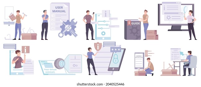 Conjunto de guías manuales de usuario con composiciones aisladas de libros de pictogramas planos gadgets y computadoras con ilustraciones de vectores de personas