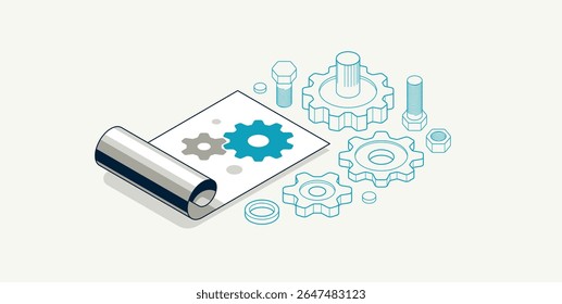 Manual do usuário e conceito de diretriz, folheto de instruções técnicas, folha de papel com engrenagens ilustração vetorial isométrica 3D, engenharia e tutorial de reparo.