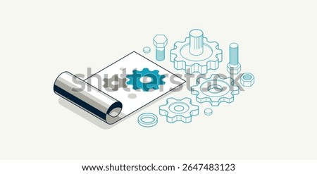 User manual and guideline concept, technics instruction brochure, paper sheet with gears 3D isometric vector illustration, engineering and repair tutorial.