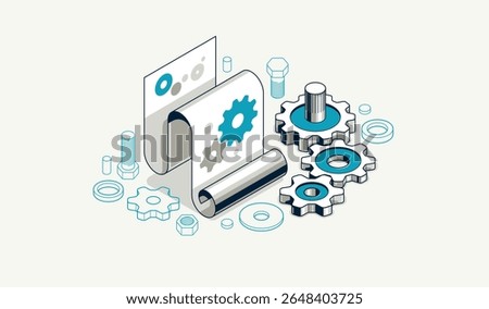 User manual and guideline concept, technics instruction brochure, paper sheet with gears 3D isometric vector illustration, engineering and repair tutorial.