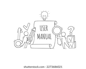 User manual, handbook, guide concept. Reference document, instructions on paper scroll with reading people with pencil and magnifier, vector hand drawn illustration