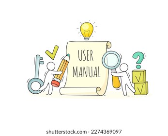 User manual, handbook, guide concept. Reference document, instructions on paper scroll with reading people with pencil and magnifier, vector hand drawn illustration