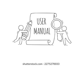 User manual, handbook, guide concept. Reference document, instructions on paper scroll with people, pencil and magnifier, vector hand drawn illustration