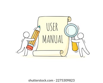 User manual, handbook, guide concept. Reference document, instructions on paper scroll with people, pencil and magnifier, vector hand drawn illustration