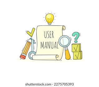 User manual, handbook, guide concept. Reference document, instructions on paper scroll with pencil and magnifier, vector hand drawn illustration