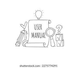 User manual, handbook, guide concept. Reference document, instructions on paper scroll with pencil and magnifier, vector hand drawn illustration