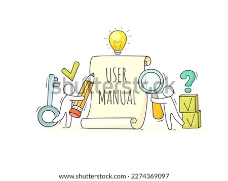 User manual, handbook, guide concept. Reference document, instructions on paper scroll with reading people with pencil and magnifier, vector hand drawn illustration