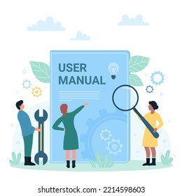 User manual handbook vector illustration. Cartoon tiny people look through magnifier at book with guide and instructions, characters use search for answers to questions, ask and read information