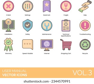 User Manual Icons including Advice, Answer, Application, Assembly, Blueprint, Bookmark, Build Time, Call, Caution, Check Mark, Checklist, Computer, Customer Support, Document, FAQs, Fragile, Hammer