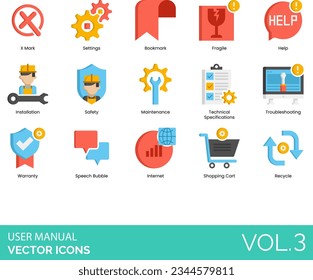 User Manual Icons including Advice, Answer, Application, Assembly, Blueprint, Bookmark, Build Time, Call, Caution, Mark, Checklist, Computer, Customer Support, Document, FAQs, Fragile, Hammer, Help