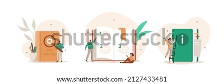 User manual illustration set. People characters reading and writing privacy policy and terms and conditions for guide instruction or manual book. Vector illustration.