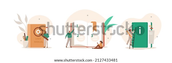 User manual\
illustration set. People characters reading and writing privacy\
policy and terms and conditions for guide instruction or manual\
book. Vector\
illustration.