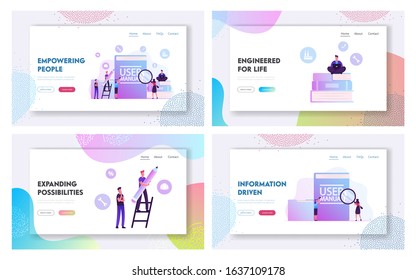 User Manual Instructions or Guidance Booklet Website Landing Page Set. Customer Support Center, People Writing Requirements Specifications Documents Web Page Banner. Cartoon Flat Vector Illustration