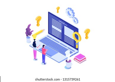 User manual  isometric concept. People with guide instruction are discussing about content of handbook. Vector illustration.