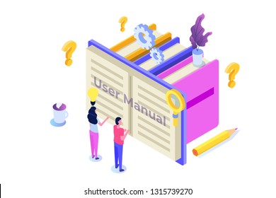 User manual  isometric concept. People with guide instruction are discussing about content of handbook. Vector illustration.