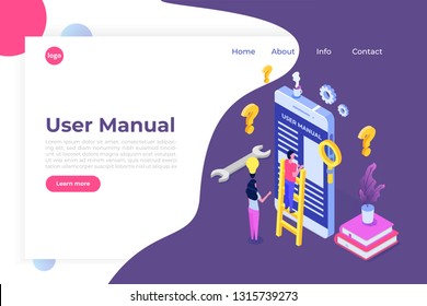 User manual  isometric concept. People with guide instruction are discussing about content of handbook. Vector illustration.