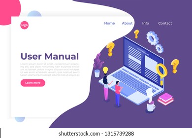 User manual  isometric concept. People with guide instruction are discussing about content of handbook. Vector illustration.