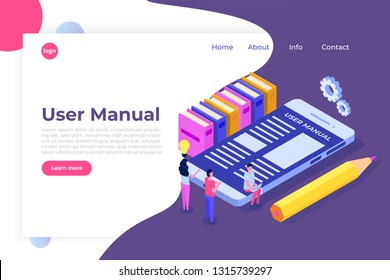 User manual  isometric concept. People with guide instruction are discussing about content of handbook. Vector illustration.