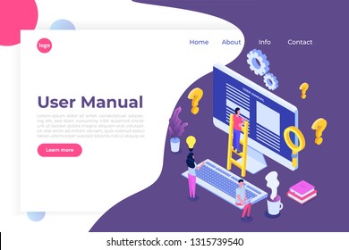 User manual  isometric concept. People with guide instruction are discussing about content of handbook. Vector illustration.