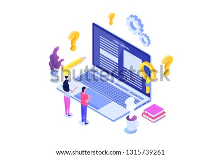 User manual  isometric concept. People with guide instruction are discussing about content of handbook. Vector illustration.
