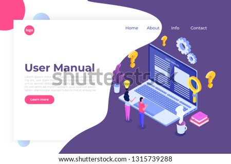 User manual  isometric concept. People with guide instruction are discussing about content of handbook. Vector illustration.