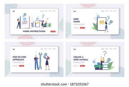 User Manual Landing Page Template Set. People Read Book with Instructions for Equipment. Characters with Office Stuff Discussing Content of Guide. Specifications Document. Cartoon Vector Illustration