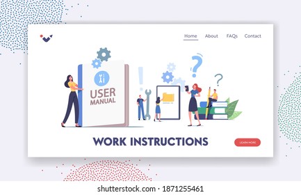 User Manual Landing Page Template. People Read Book with Instructions for Equipment. Characters with Some Office Stuff Discussing Content of Guide. Specifications Document. Cartoon Vector Illustration