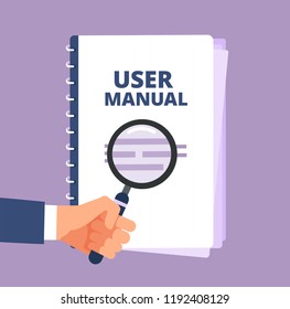 User manual with magnifying glass. User guide document and magnifier. Handbook, handbook, instruction and guidebook vector icon. Illustration of instruction handbook with information help