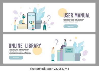 User manual and online library of users guidance banners set with cartoon characters, flat vector illustration. Tutorials and recommendations for application users.