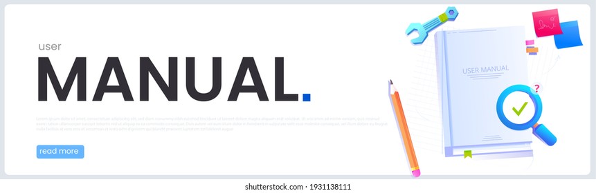 User manual for paper booklet. Vector illustration banner. Guide book top view, near a magnifying glass with a question mark