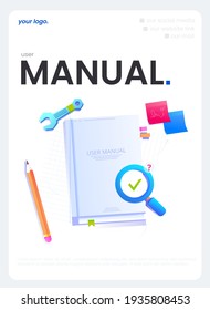 The User manual for a paper booklet. A Vector illustration at a flyer with a Guide book top view, near a magnifying glass with a question mark