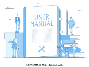 User manual. People with guidance guided textbook. User reading guidebook and writing technical instructions. Vector concept