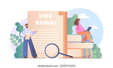 User manual with person pointing and another sitting on books with laptop, flat graphic style, on white background. Concept of education and learning. Vector illustration