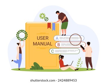 User manual, reference to guide, tutorial or library with FAQ. Tiny people with magnifying glass read advices of guidance book, study info text of electronic document cartoon vector illustration