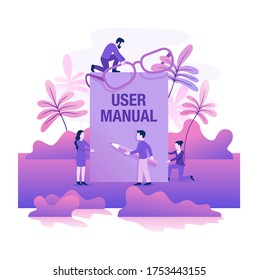 User Manual with small people around - conceptual vector illustration in purple decoration