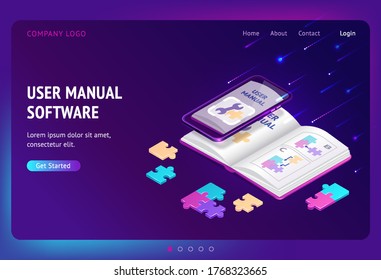 User manual software isometric landing page, guide book with tech documents on mobile phone screen. Instruction booklet, tutorial help, guidance information for gadgets, app. 3d vector web banner