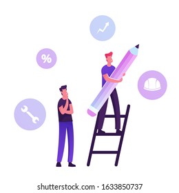 User Manual Tutorial Concept. Man Stand on Ladder with Huge Pencil and Customer Support Icons around. Writing Guidebook, Technical Instructions or Guidance Booklet. Cartoon Flat Vector Illustration