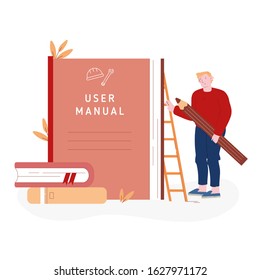 User Manual Tutorial Concept. User Reading Guidebook and Writing Technical Instructions. Male Character with Huge Pencil Stand near Guidance Booklet or Guided Textbook Cartoon Flat Vector Illustration