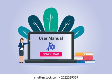 User Manual vector concept. Businesswoman showing user manual download button on the laptop