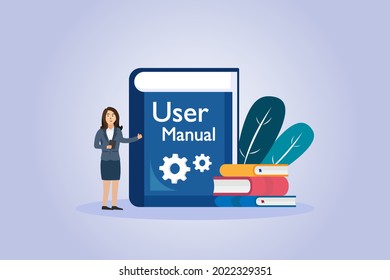 User Manual vector concept. Businesswoman and user manual book