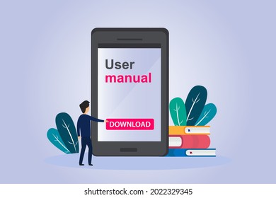 User Manual vector concept. Man downloading user manual book on mobile phone