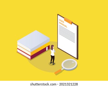 User manual vector concept. Young woman reading user manual on the clipboard while standing with book and magnifier
