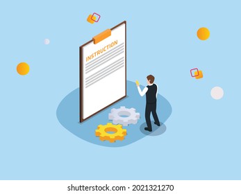 User manual vector concept. Young man reading instruction to using a cellphone while standing with clipboard