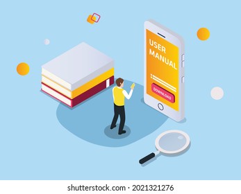 User manual vector concept. Young man downloading user manual application on cellphone while standing with stack of book