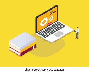 User manual vector concept. Young man downloading user manual application on the laptop while standing with stack of book