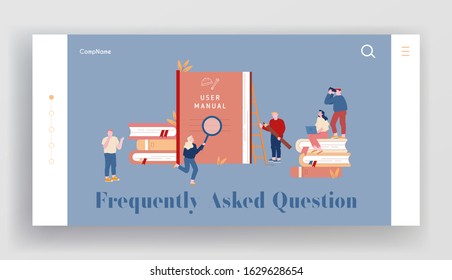 User Manual Website Landing Page. People with Some Office Stuff Discussing Content of Guide. People Read Book with Instructions for Equipment, Help Web Page Banner. Cartoon Flat Vector Illustration