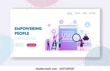User Manual Website Landing Page. People with Some Office Stuff Discussing Content of Guide. People Read Book with Instructions Using Tech Equipment Web Page Banner. Cartoon Flat Vector Illustration