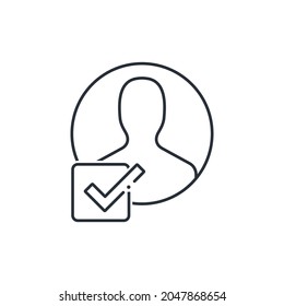 User marked with a square icon with a check mark. Vector linear icon isolated on white background.