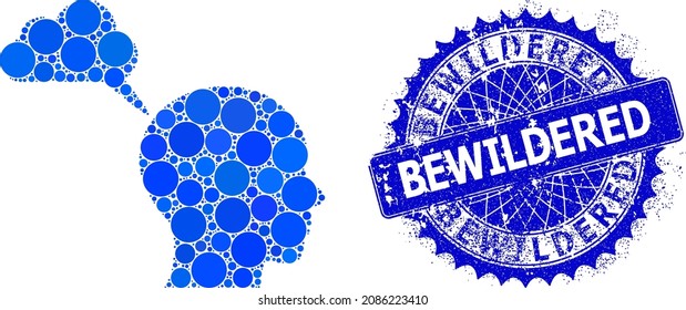 User mental cloud vector collage of round dots in various sizes and blue color tones, and scratched Bewildered seal. Blue round sharp rosette seal contains Bewildered caption inside it.