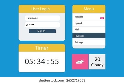user menu, timer, Favorite page design concept and illustration, Website Login page design, Landing page login screen page vector concept